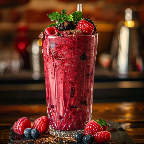 Eiskalter Kirsch-Smoothie mit Erdbeeren und Himbeeren, gewürzt mit Zimt und Kakao