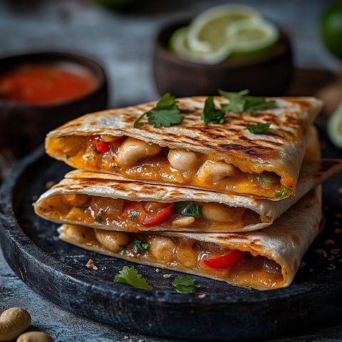 Crunchy Mølk-Quesadillas mit rauchiger Paprika-Cashew-Füllung & Limetten-Crème