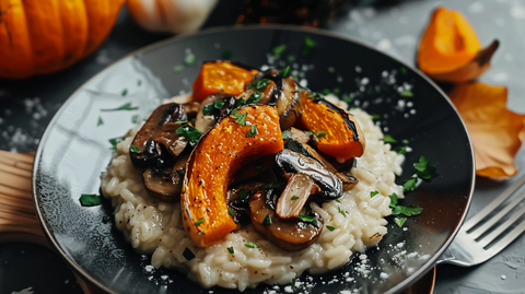 Cremige Hafermilch-Risotto mit Pilzen und geröstetem Kürbis