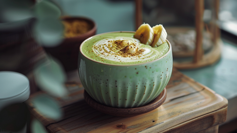 Hafermilch-Matcha-Latte-Creme mit karamellisierten Bananen