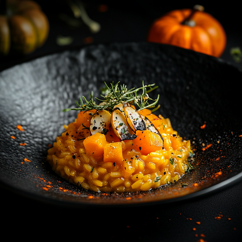 Cremiges Kürbis-Risotto mit Hafermilch und gerösteten Walnüssen