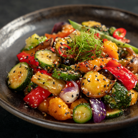 Bunte Gemüsepfanne mit cremigem Sesamöl-Dressing und Oat Mølk: Like Milk Light 1.8 %