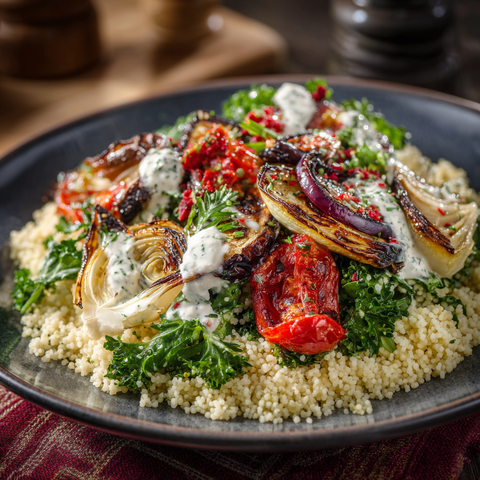 Sommerlicher Couscous-Salat mit gegrilltem Gemüse & cremigem Joghurt-Dressing mit Oat Mølk: Like M!lk Light 1,8 %