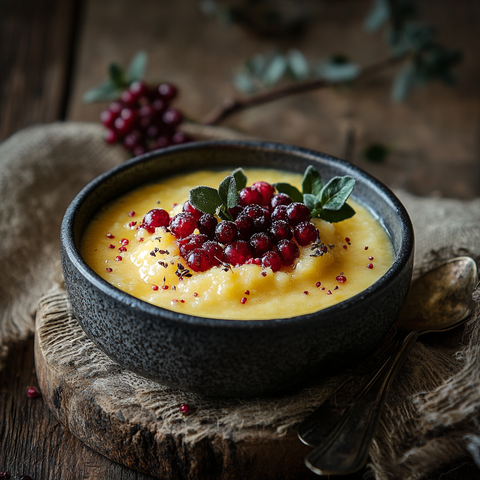 Cremige Hafermilch-Polenta mit Steinpilzen und Granatapfelkernen