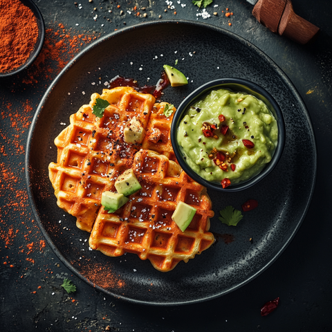 Herzhafte Hafermilch-Waffeln mit Süßkartoffel und Chili-Avocado-Dip