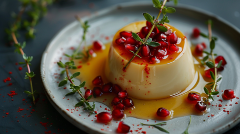 Vegane Safran-Panna-Cotta mit Orangenblüten-Honig und Granatapfelkernen